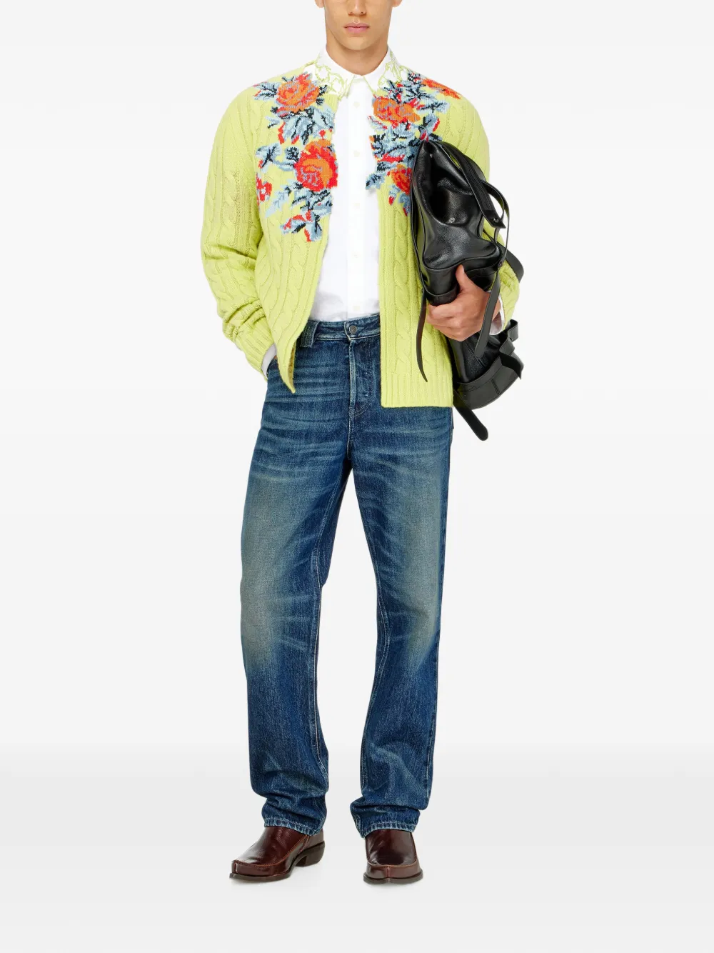Diesel Kabelgebreid vest met bloemen en open voorkant Groen