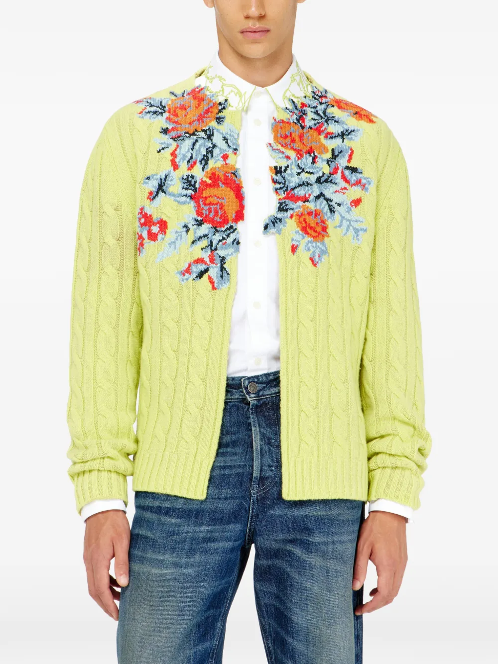 Diesel Kabelgebreid vest met bloemen en open voorkant Groen