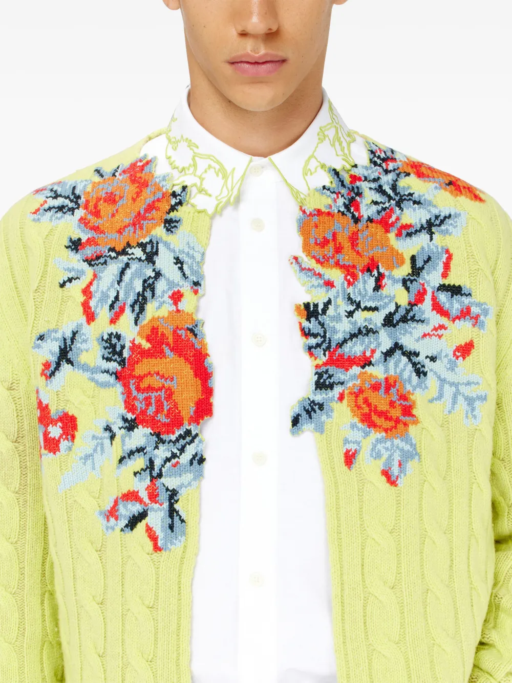 Diesel Kabelgebreid vest met bloemen en open voorkant Groen
