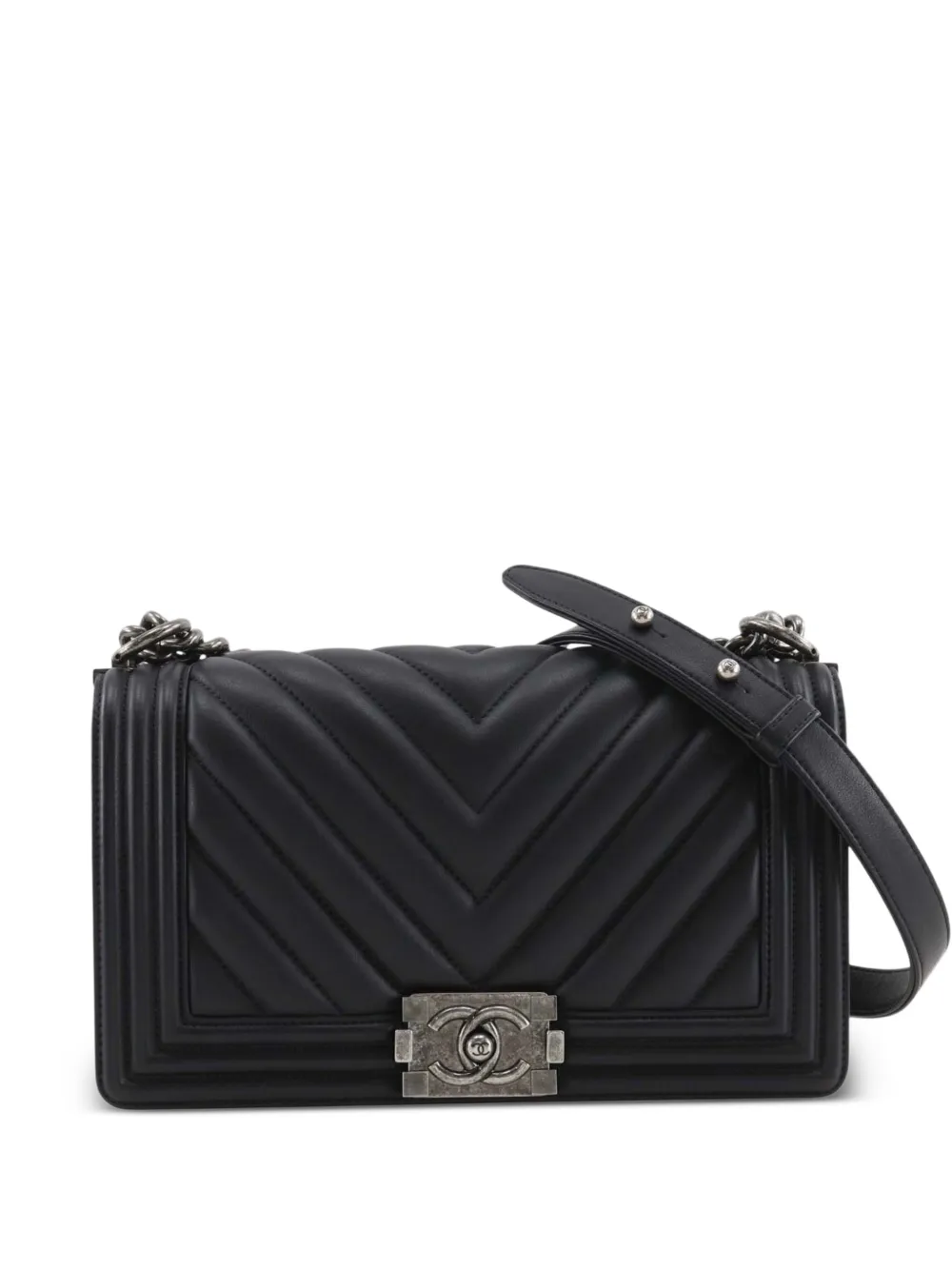 CHANEL Pre-Owned Borsa a tracolla Boy media in pelle di vitello con motivo chevron e battente 2016-2017 - Nero