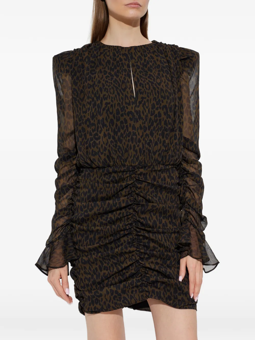 ROTATE BIRGER CHRISTENSEN Donkerbruine mini-jurk met ruches en bloemen