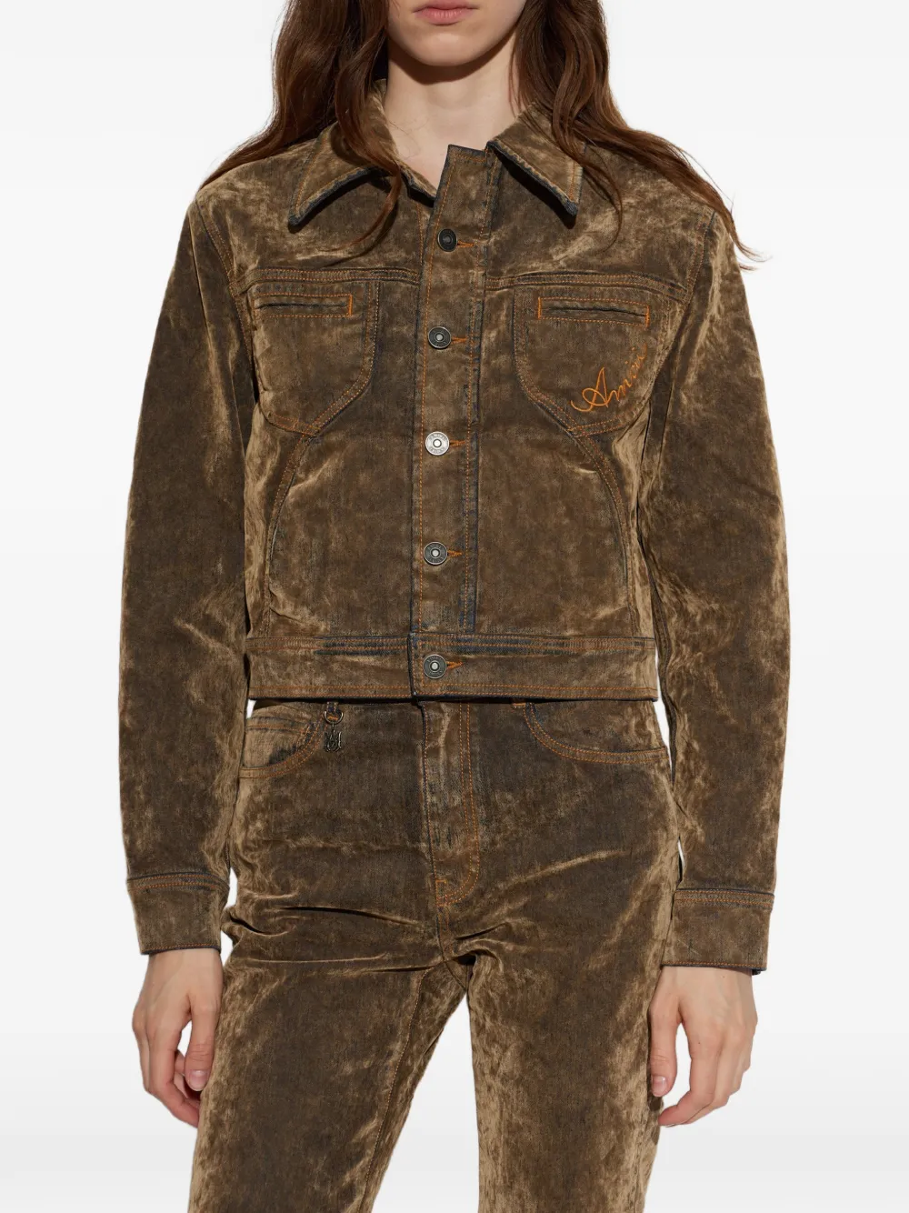 AMIRI Flock Cut Denim Jacket in Brown, view 3