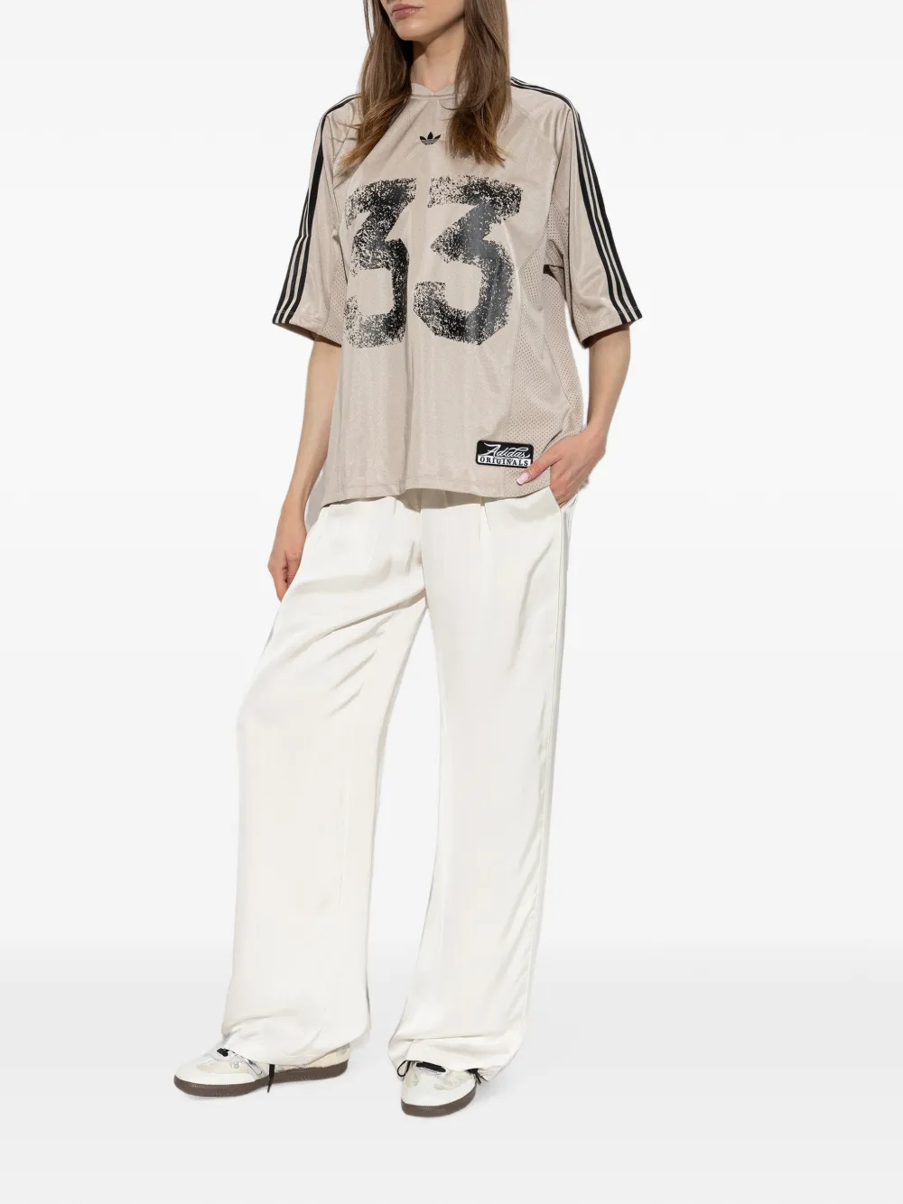 adidas number-print mesh-panel T-shirt Beige