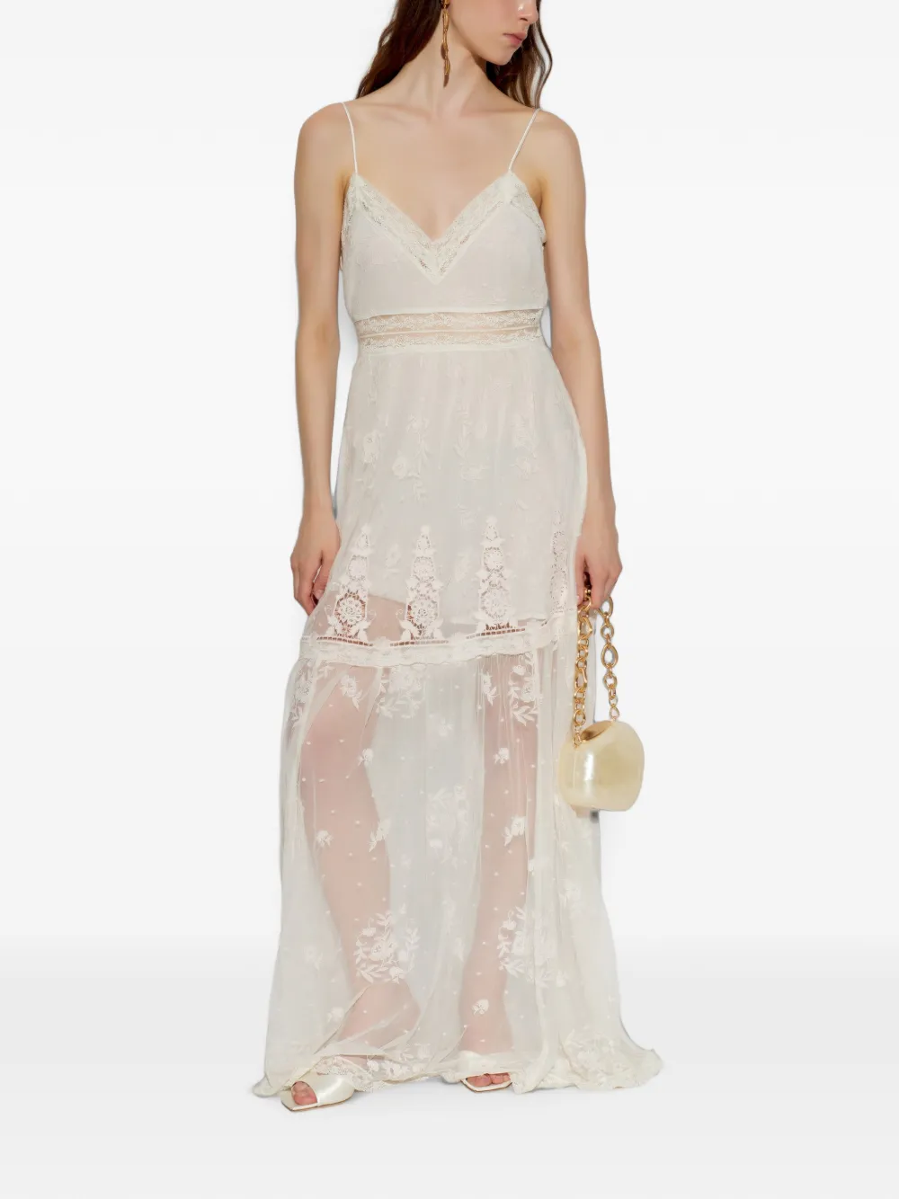 LoveShackFancy Maxi-jurk met borduurwerk en kanten afwerking Beige