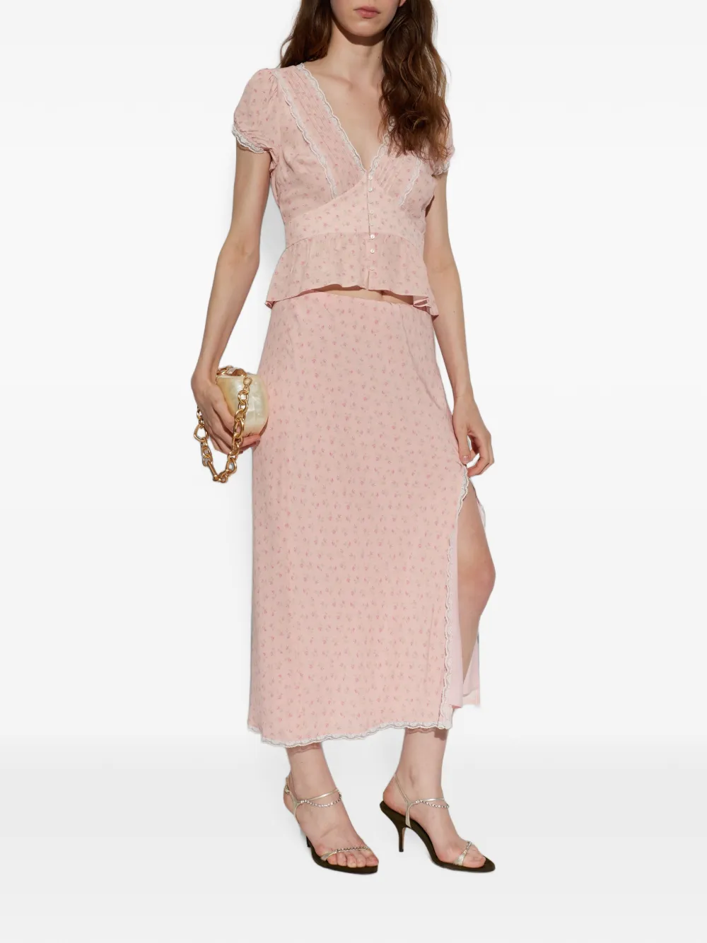 LoveShackFancy Silvia maxi-rok met bloemenprint en kanten afwerking Roze