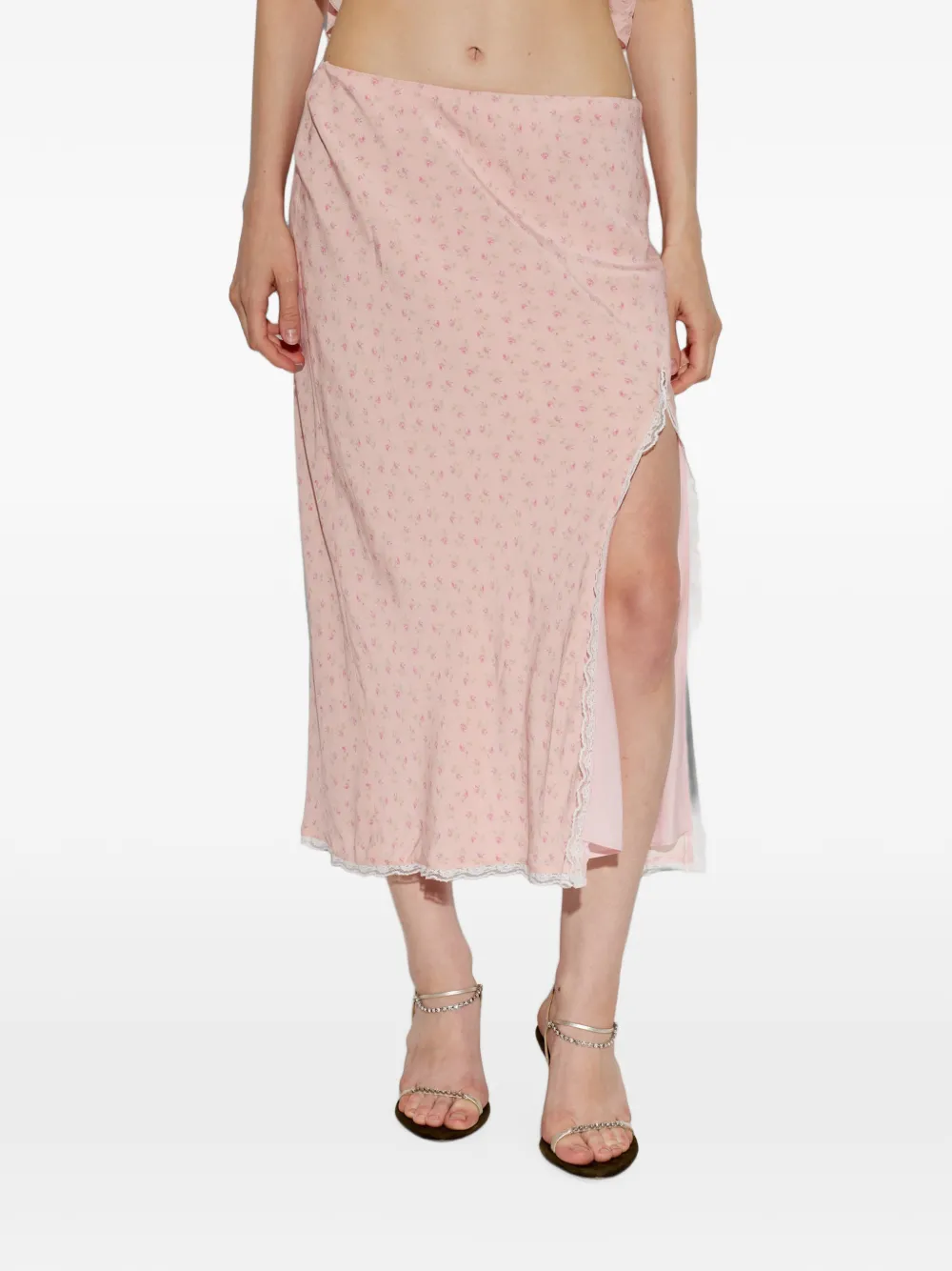 LoveShackFancy Silvia maxi-rok met bloemenprint en kanten afwerking Roze