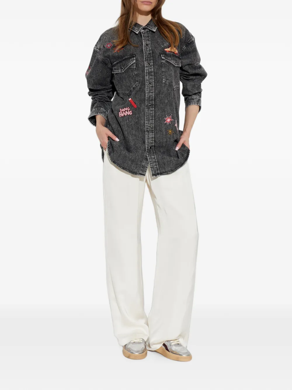 MOTHER The Exes and Ohs denim blouse met borduurwerk Grijs