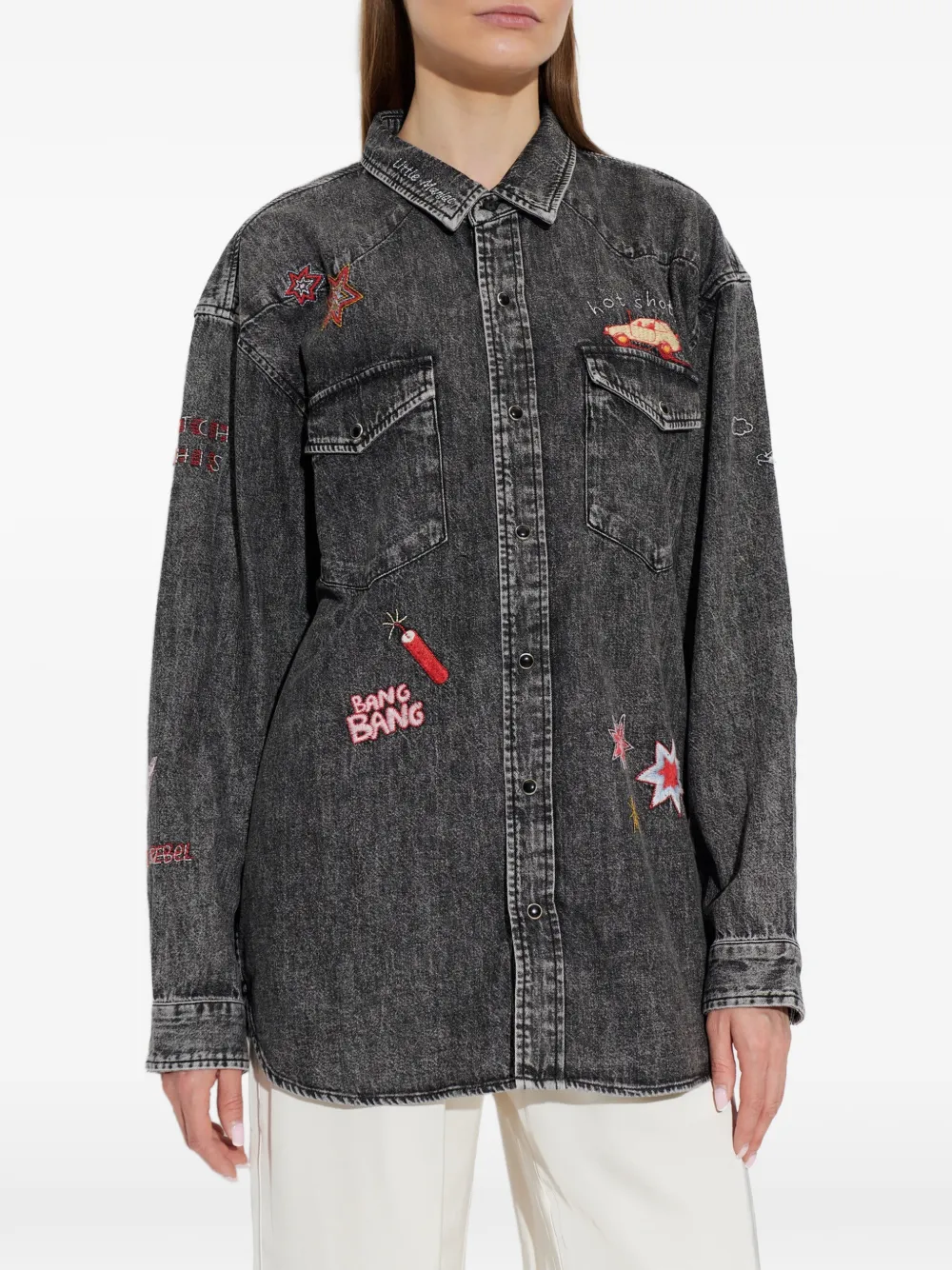 MOTHER The Exes and Ohs denim blouse met borduurwerk Grijs