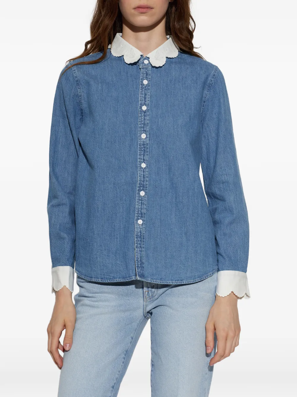 MOTHER Denim blouse met kraag met borduurwerk Blauw