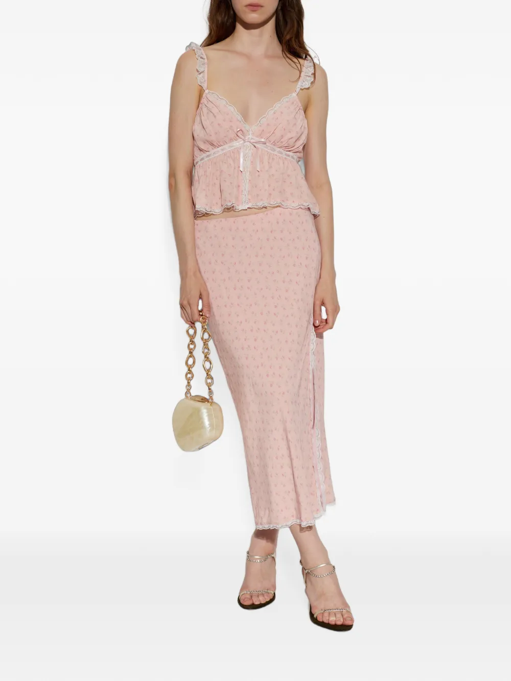 LoveShackFancy Nicoleta top met bloemenprint en kanten afwerking Roze
