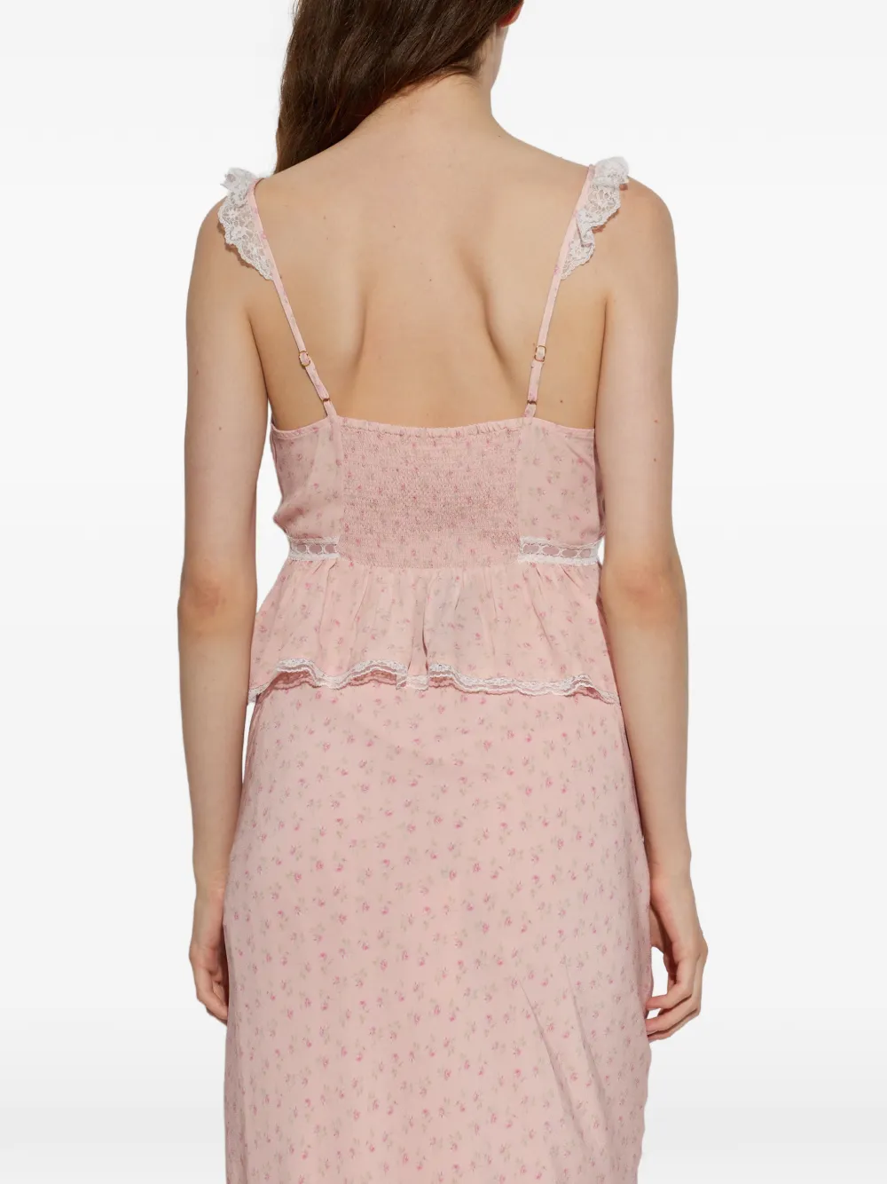 LoveShackFancy Nicoleta top met bloemenprint en kanten afwerking Roze