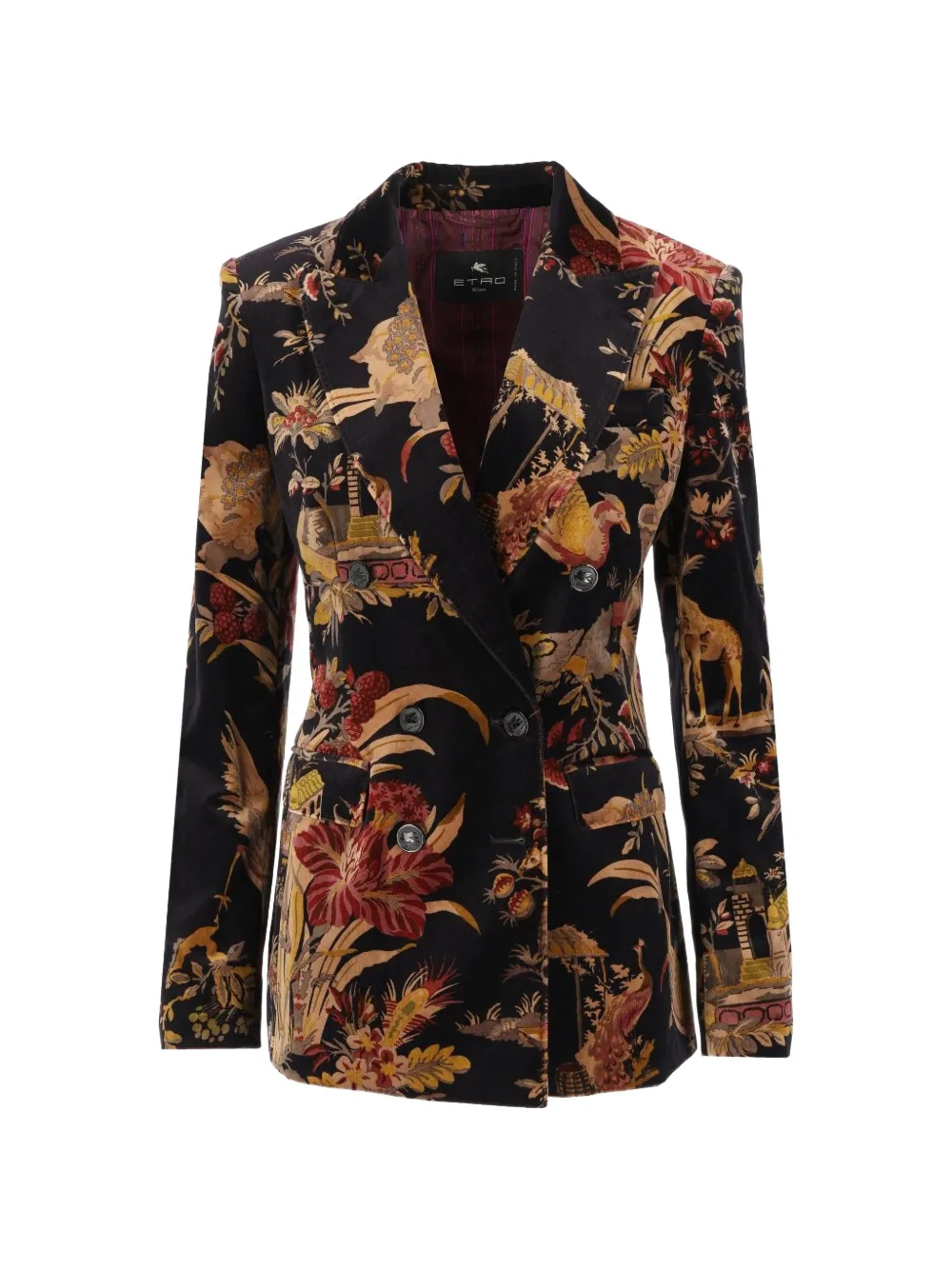 ETRO double-breasted cotton-velvet jacket with flower and animal overprint - Nero