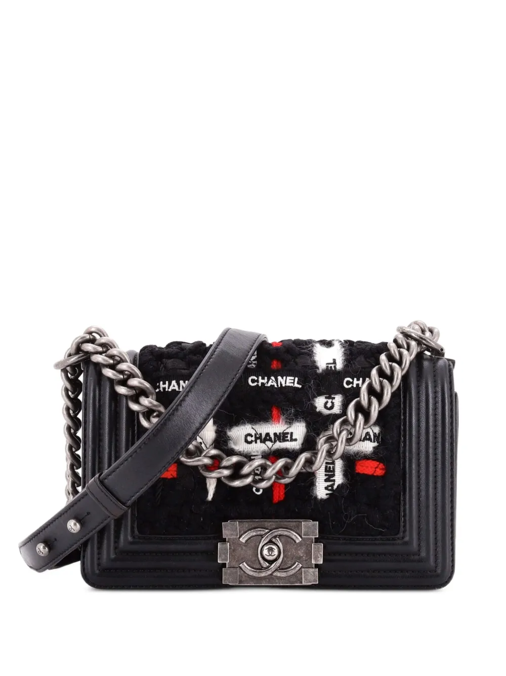 CHANEL Pre-Owned Borsa a spalla Boy piccola in tweed e nastro trapuntato con logo - Nero