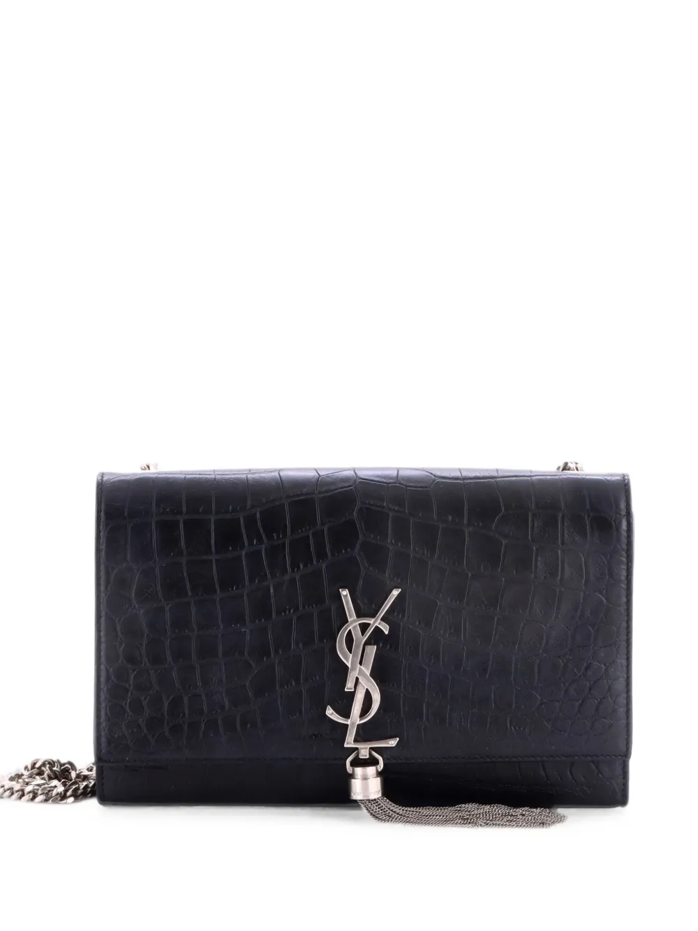 Saint Laurent Pre-Owned Mittelgroß Classic Monogram Umhängetasche aus Leder mit Kroko-Prägung und Quaste - Schwarz