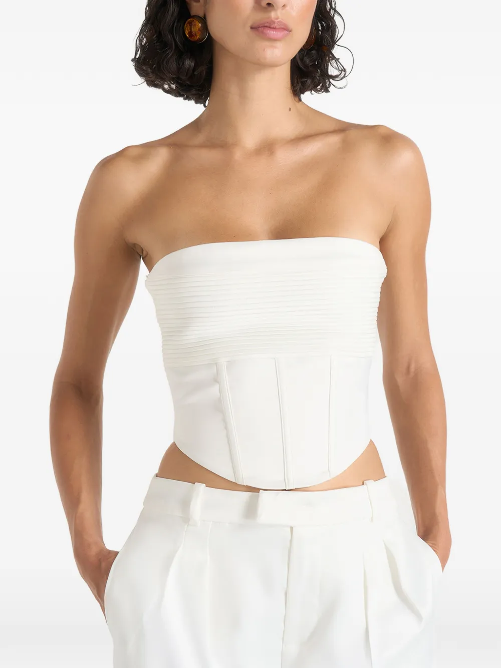 Manière De Voir Cora in off white satin pintuck bandeau corset top - Bianco