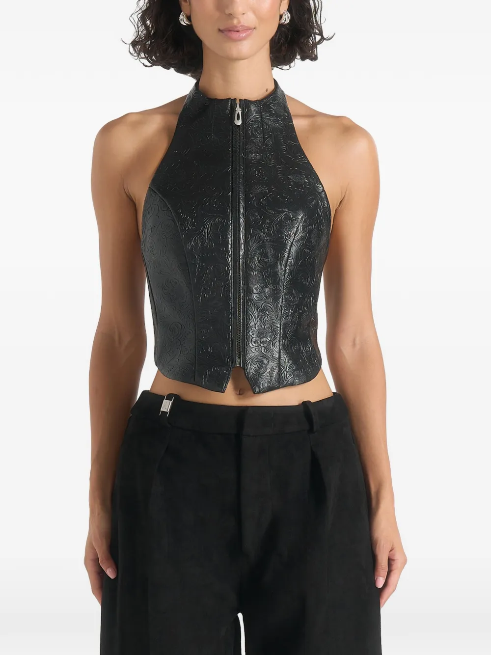 Manière De Voir Claudette in black embossed-leather halterneck backless top - Nero