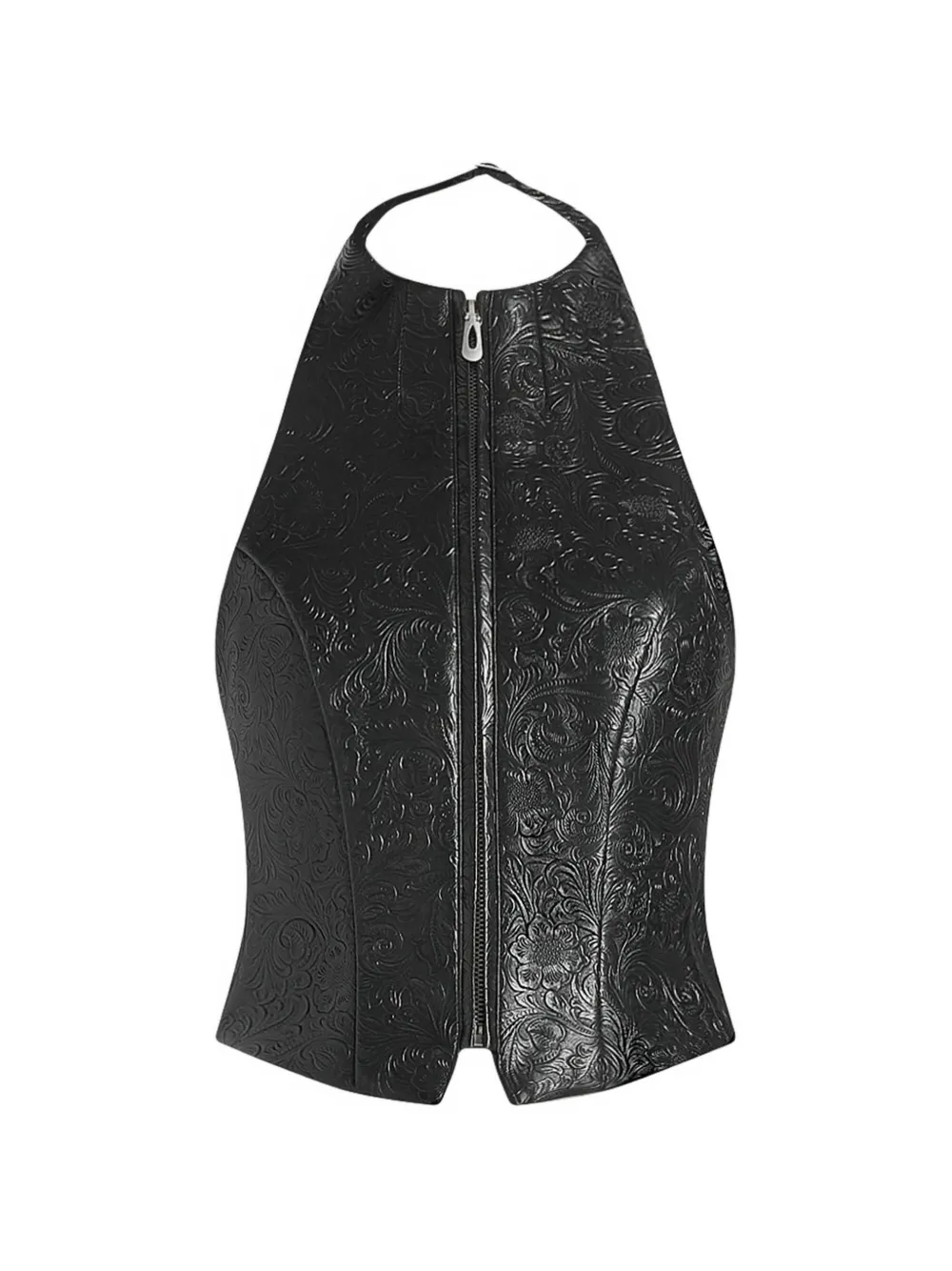 Manière De Voir Claudette in black embossed-leather halterneck backless top