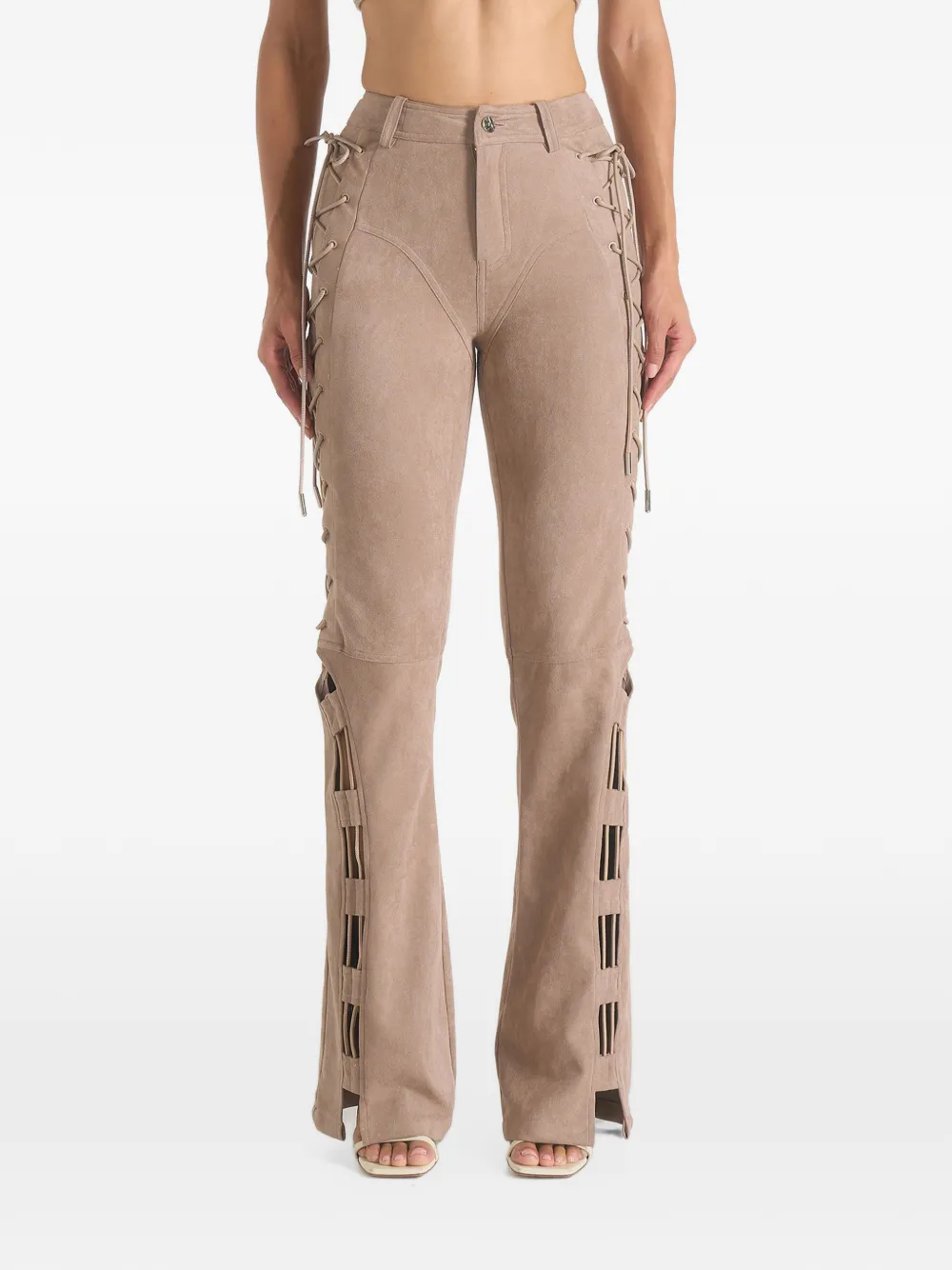 Manière De Voir Ambre - suede lace up flared trousers - taupe