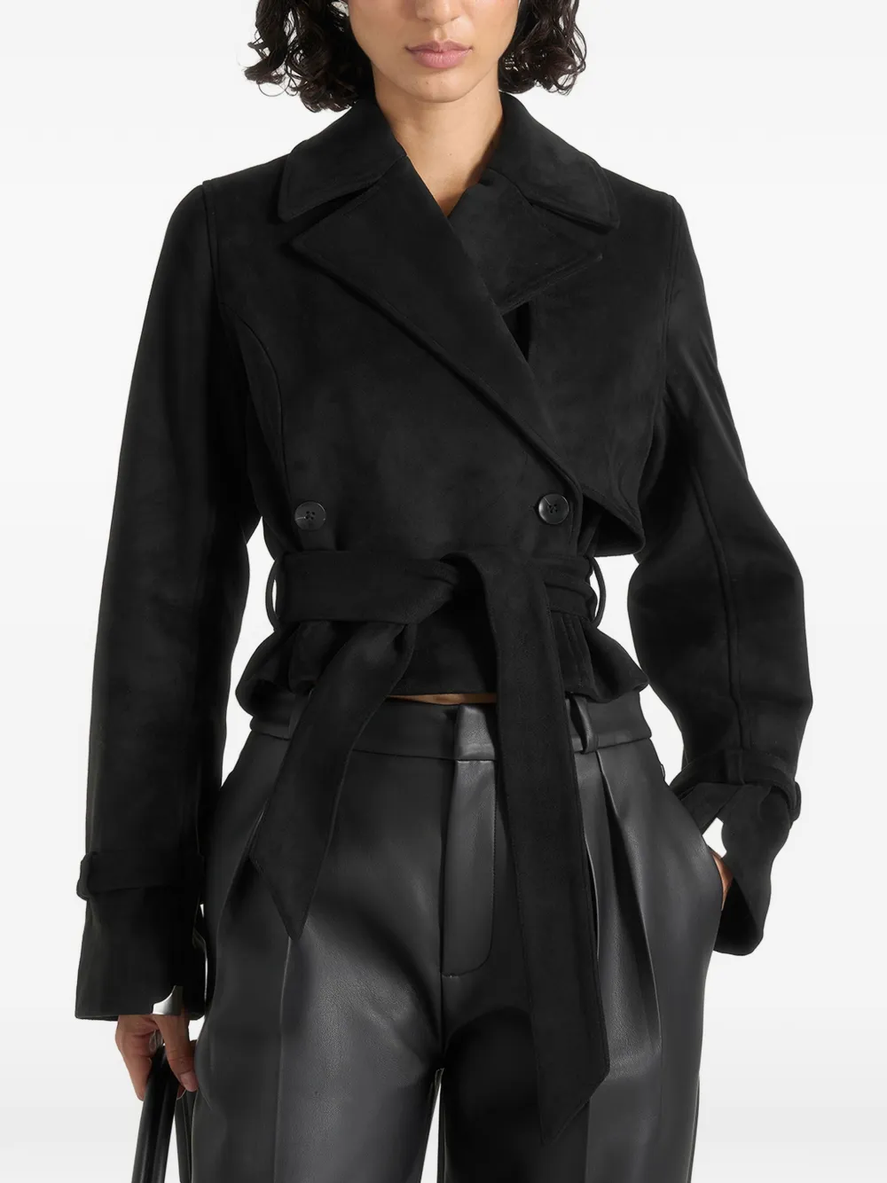 Manière De Voir Poppy in black cropped suede belted biker jacket