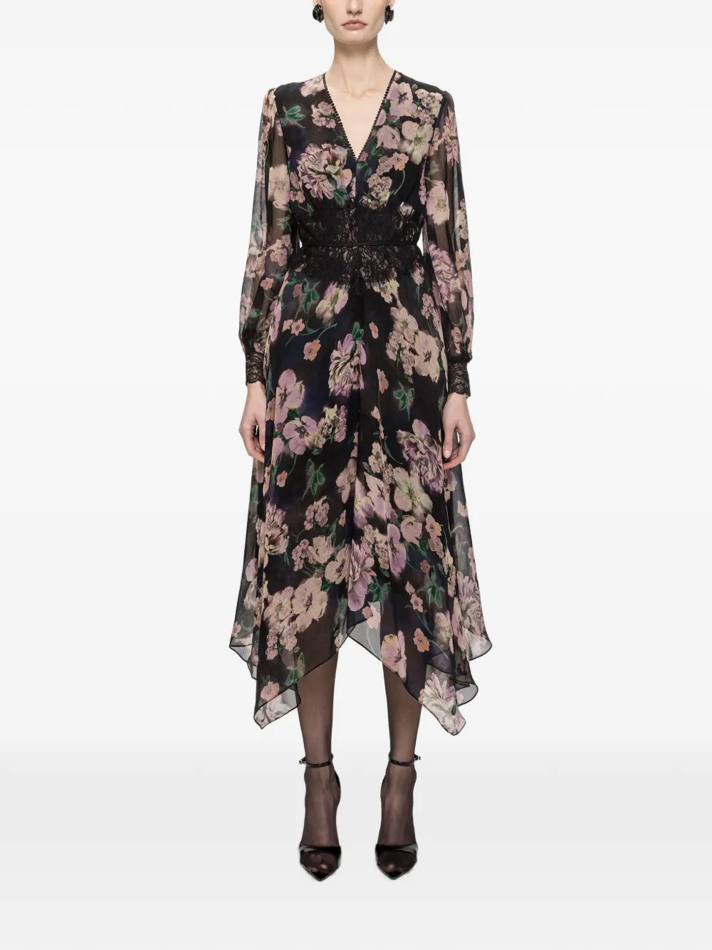 NISSA lace-insert chiffon midi dress - Nero
