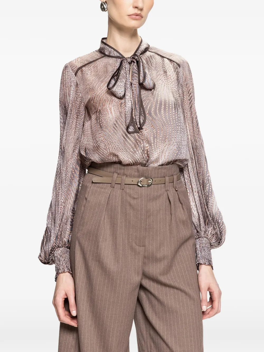 NISSA printed bow-neck chiffon top - Marrone