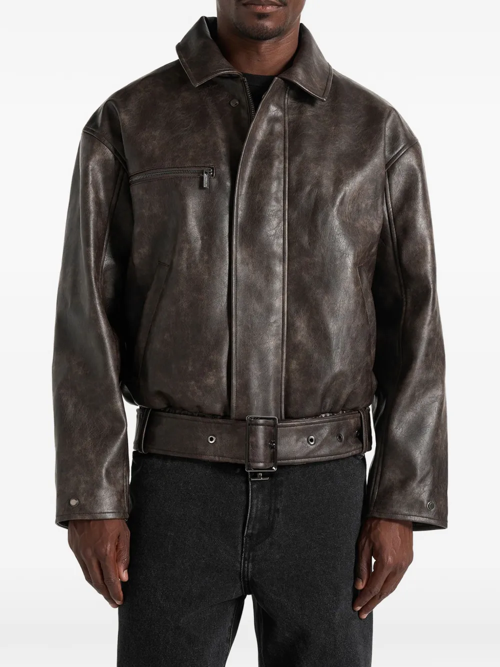 Manière De Voir Ezra In Brown Leather Belted Bomber Jacket