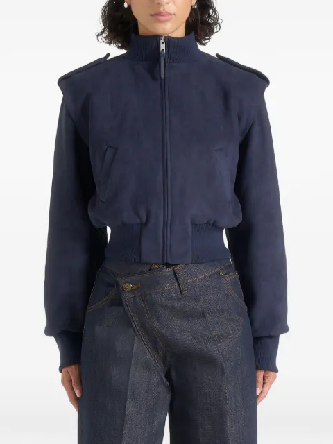 Manière De Voir Delfina in navy suede layered-shoulder cropped bomber jacket