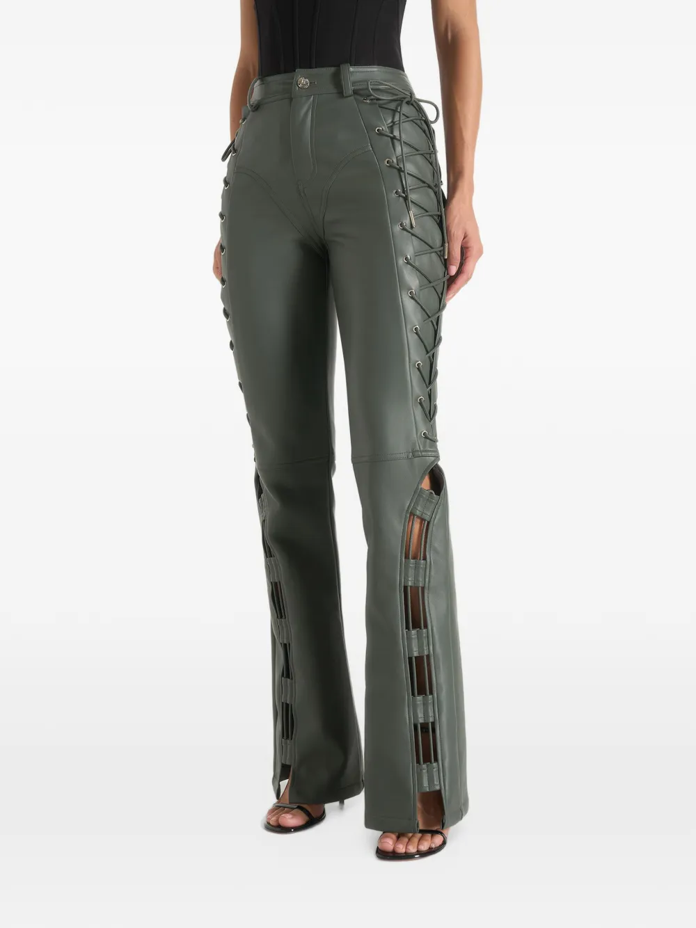 Manière De Voir Ambre in olive leather lace up flared trousers - Grün