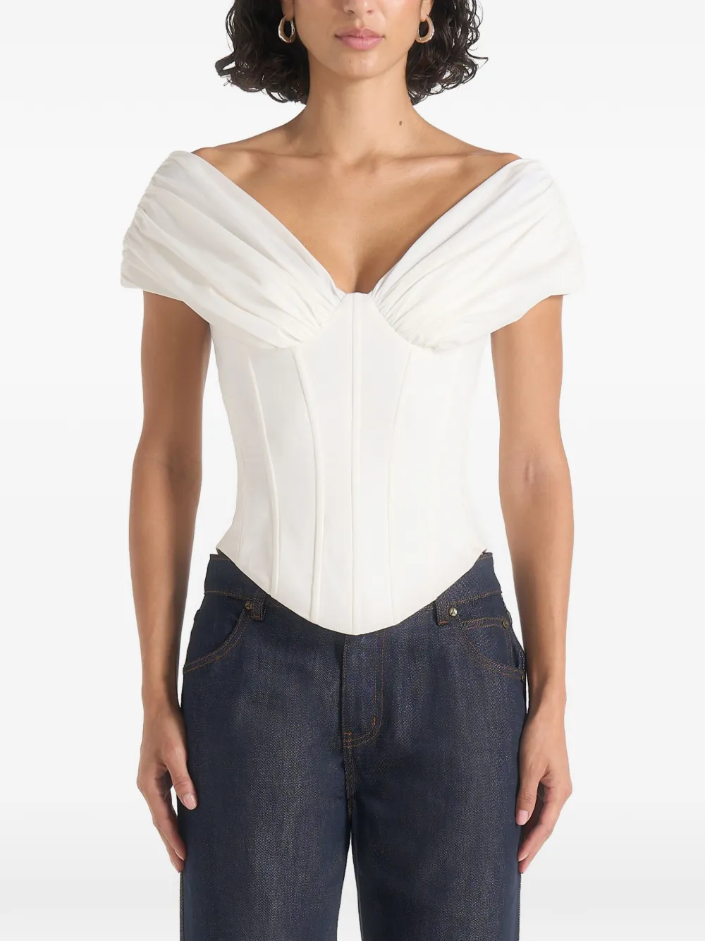 Manière De Voir Ursula in white off-shoulder pleated cotton corset top - Bianco