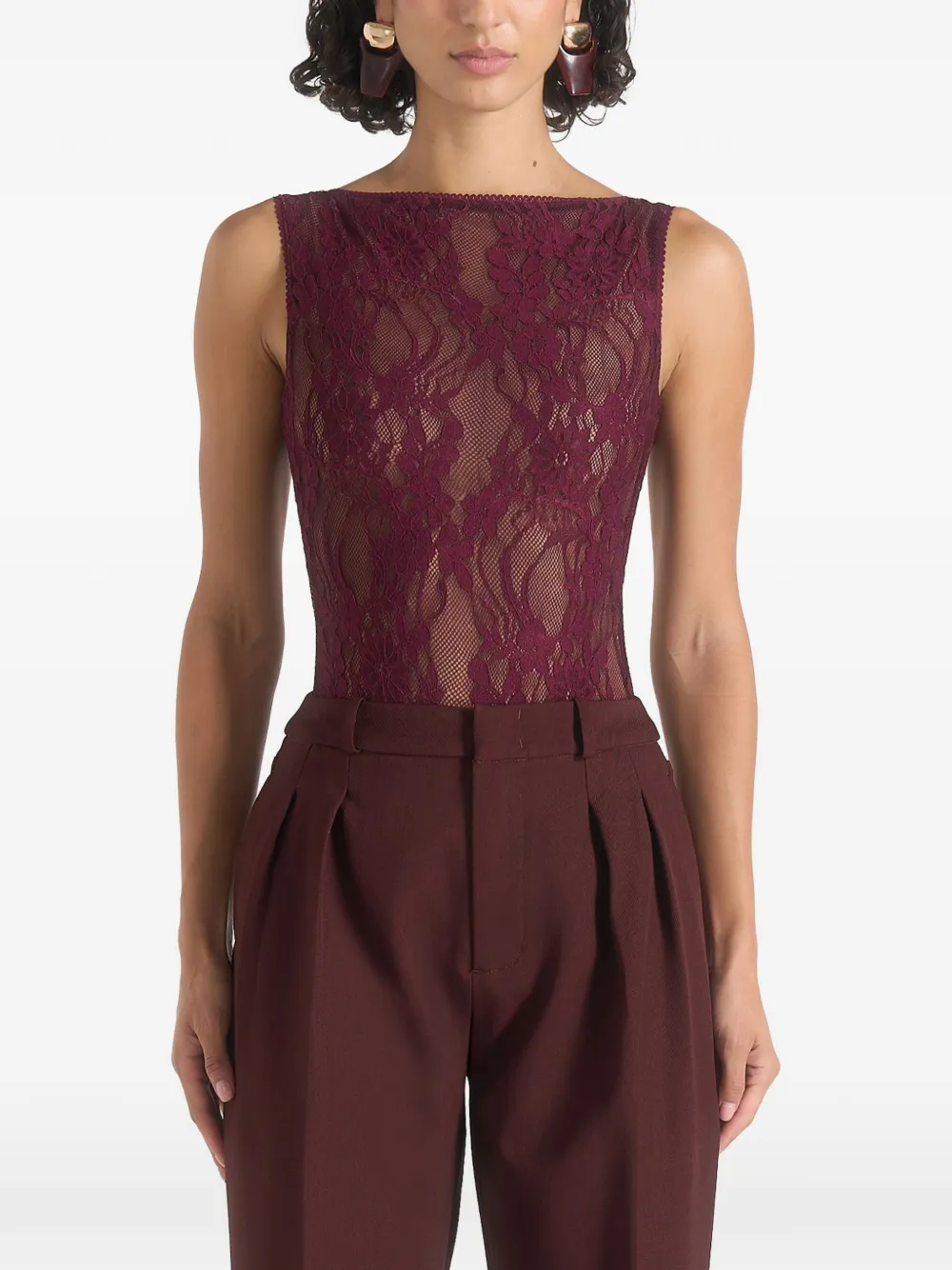 Manière De Voir Rhonda in wine open-back lace bodysuit - Viola
