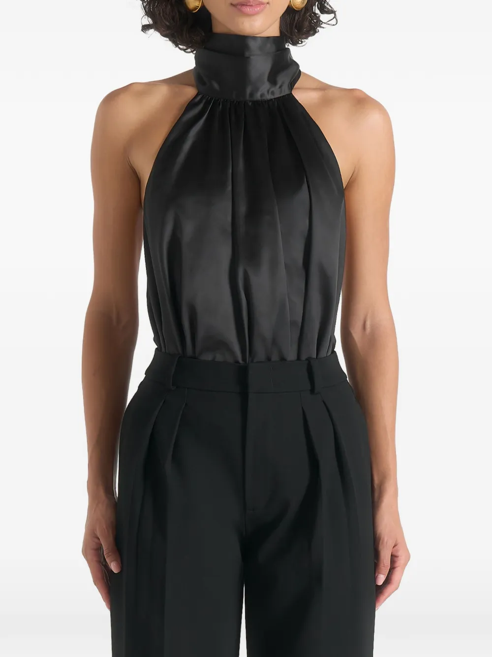 Manière De Voir Phoebe in black satin tie-neck blouson open back bodysuit