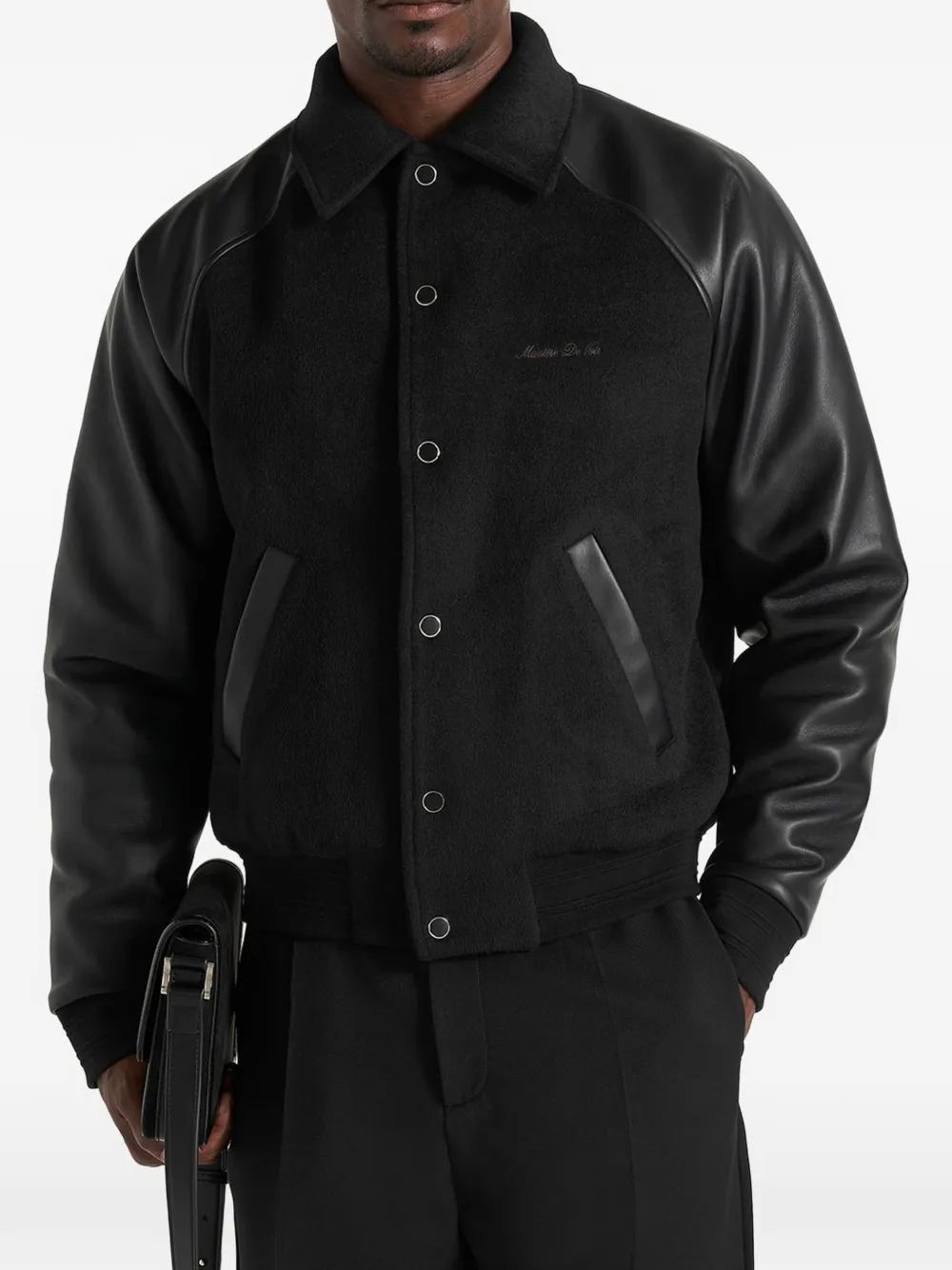 Manière De Voir Olivier in black wool & leather raglan varsity jacket - Nero