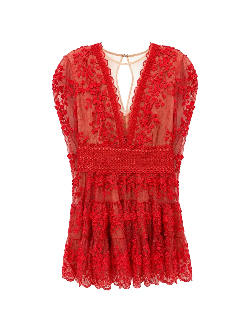 Bronx and Banco lace-embroidered ruffled mini dress