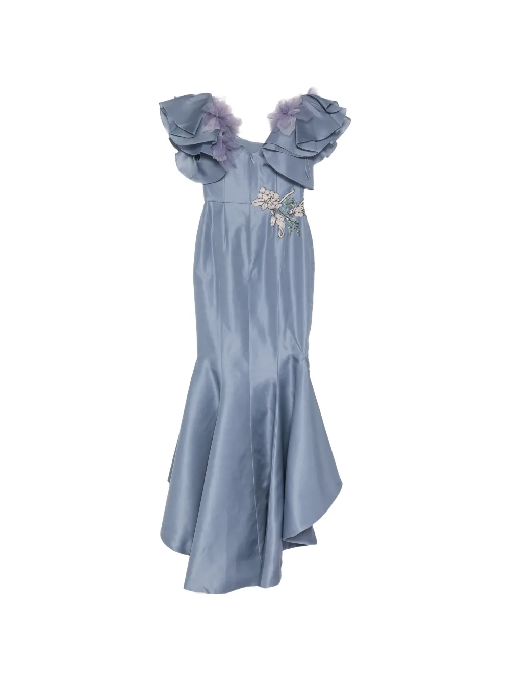 Marchesa Off-shoulder avondjurk met geborduurde kristallen Blauw