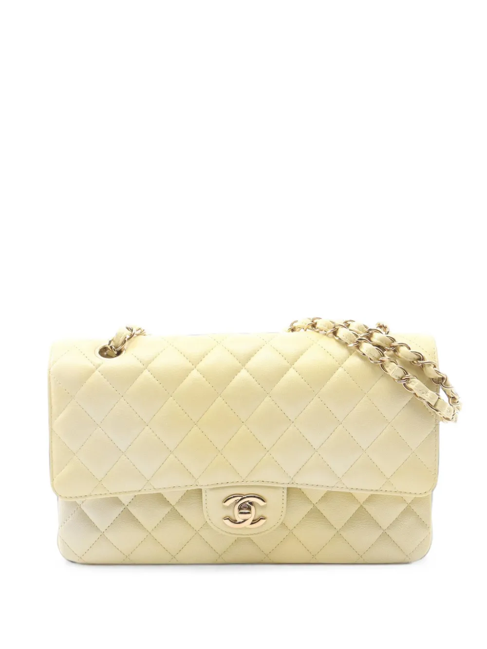 Pre-owned Chanel 2021-2026 Medium Classic Lambskin Double Flap Shoulder Bag In Yellow