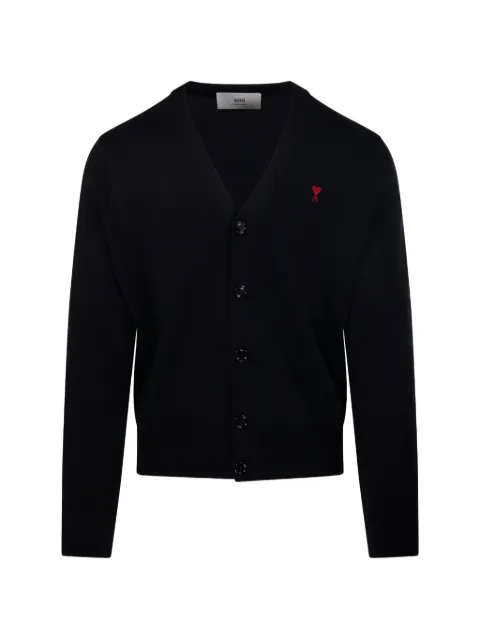 AMI Paris black V-neck wool cardigan with Ami de Coeur