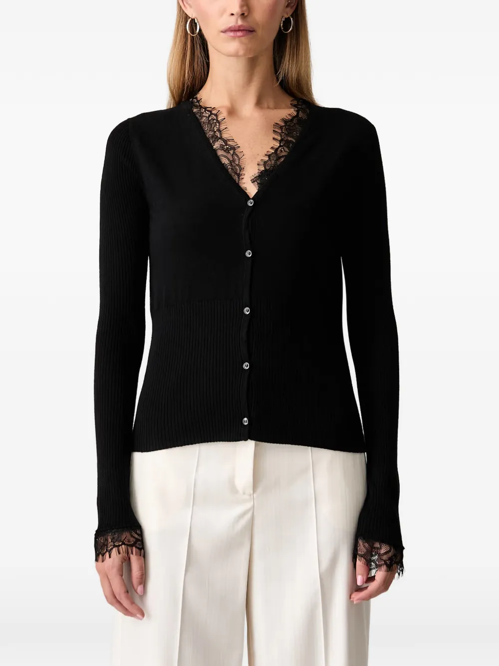 PINKO lace-trim ribbed-knit wool cardigan - Nero
