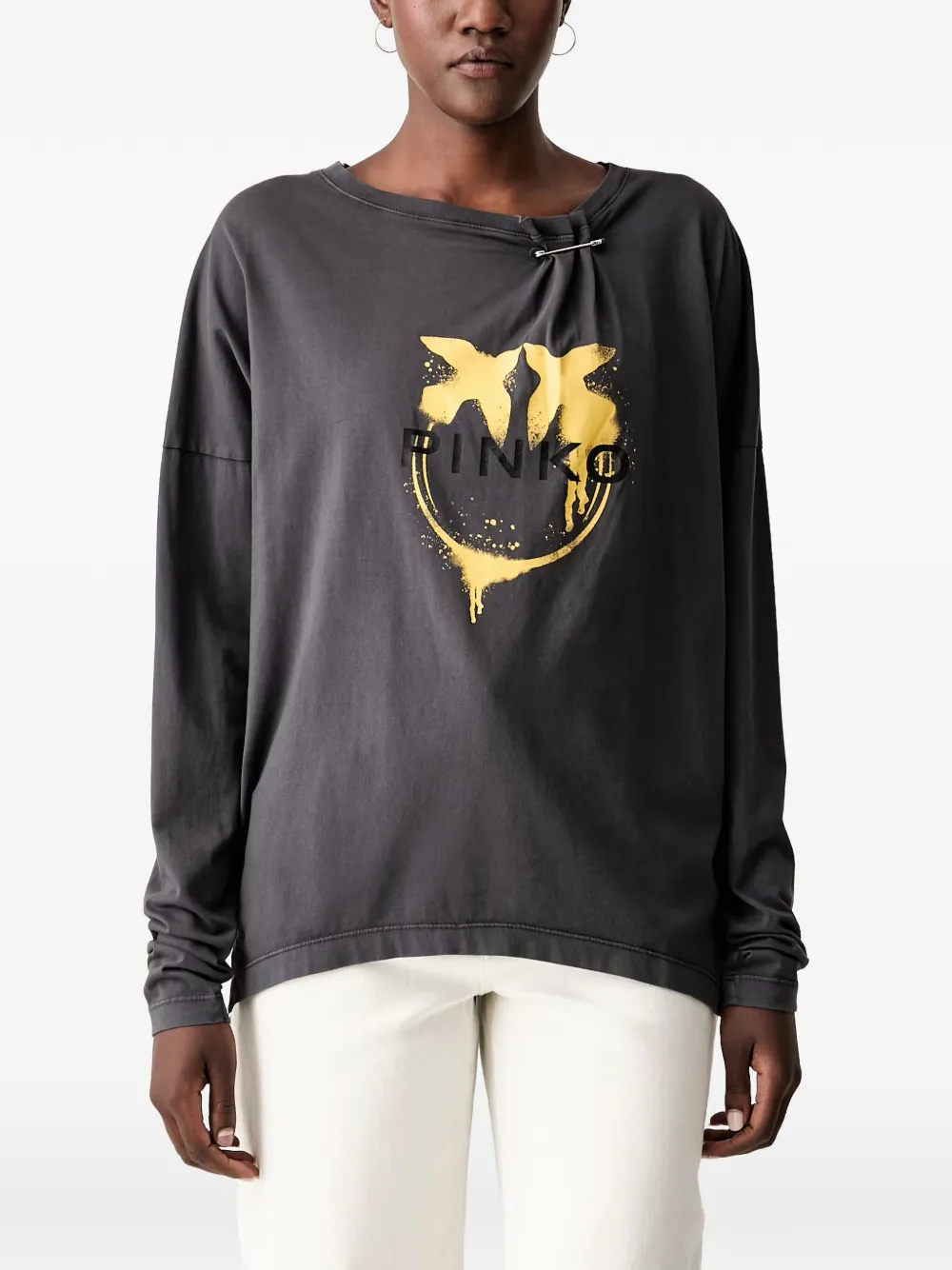 PINKO safety-pin logo-print cotton T-shirt - Grigio