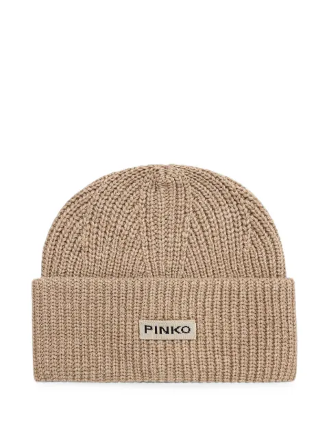 PINKO logo-patch ribbed-knit beanie hat