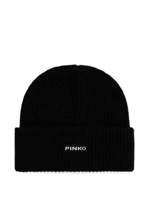 PINKO logo-patch ribbed-knit beanie hat