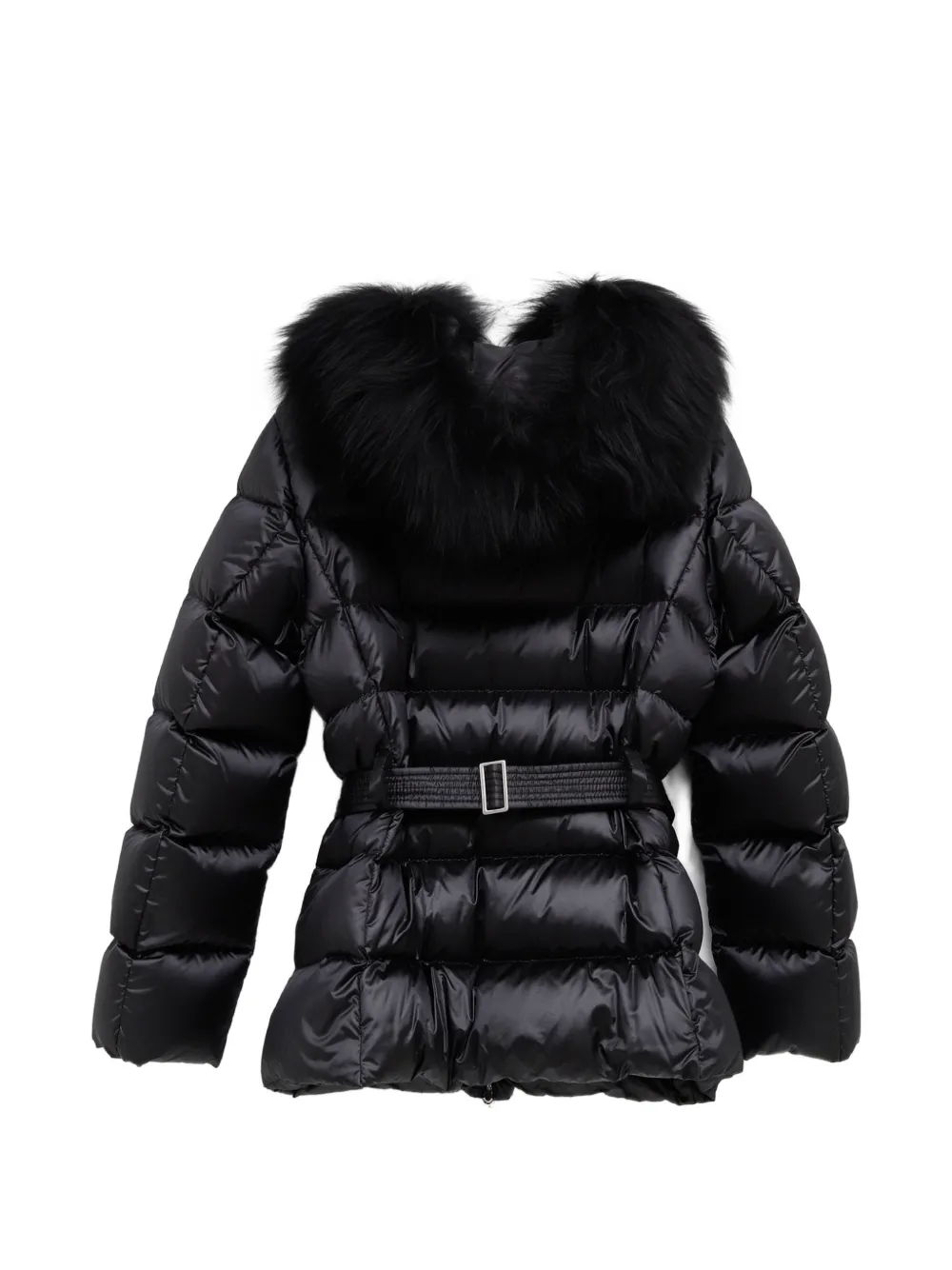 Moncler Cupidones donsjack met afwerking van bont en ceintuur Zwart
