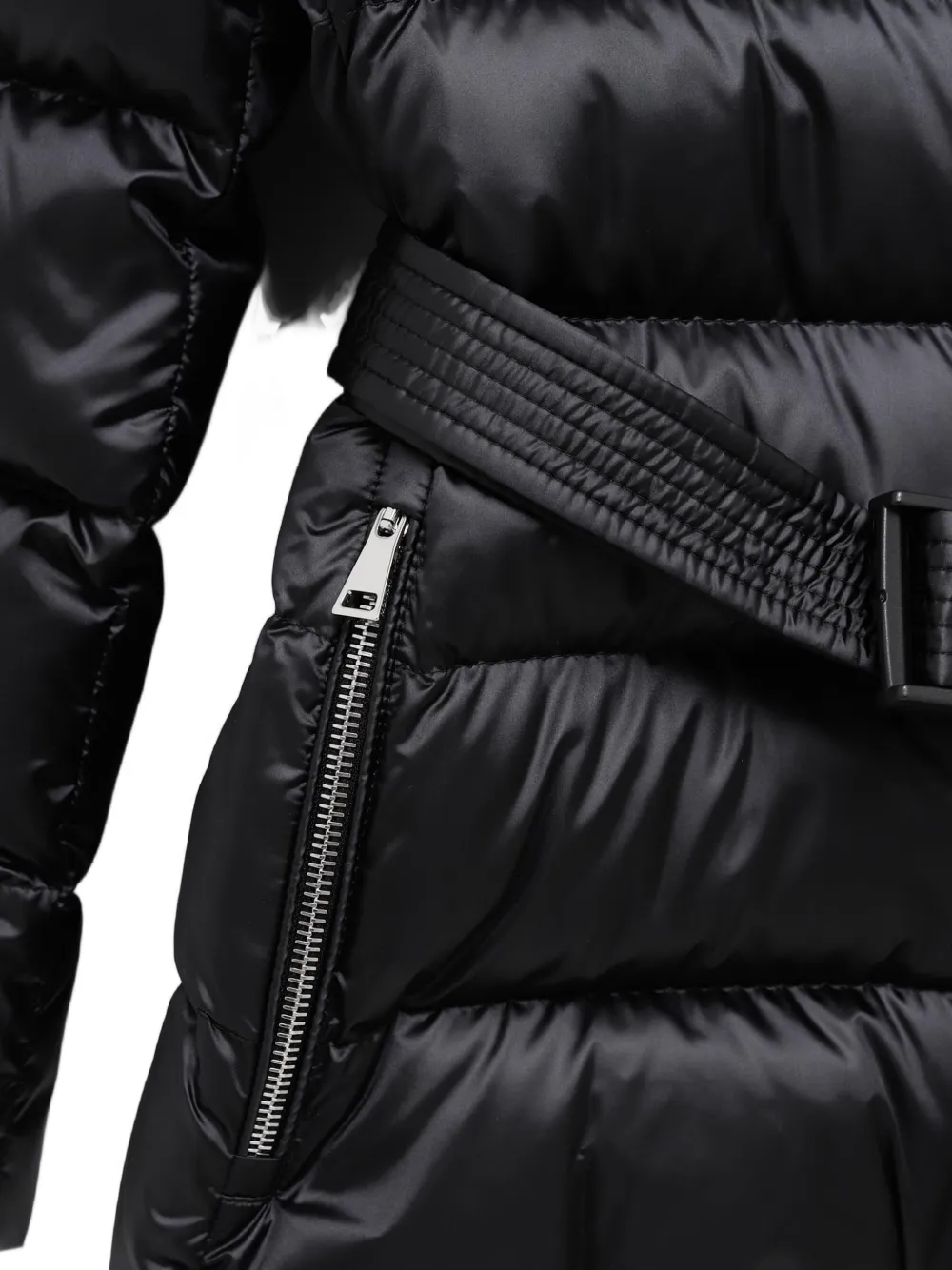 Moncler Cupidones donsjack met afwerking van bont en ceintuur Zwart