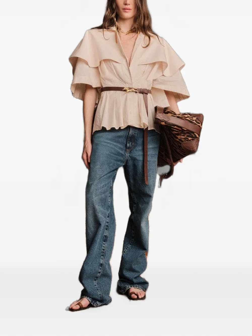 Johanna Ortiz Suspiro Gaucho gelaagde top met cape Beige