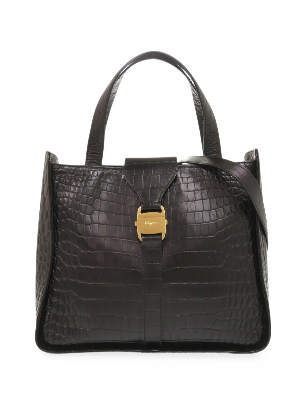 Pre-owned Ferragamo 2010-2026 Croc Embossed Leather Vara Satchel In Black