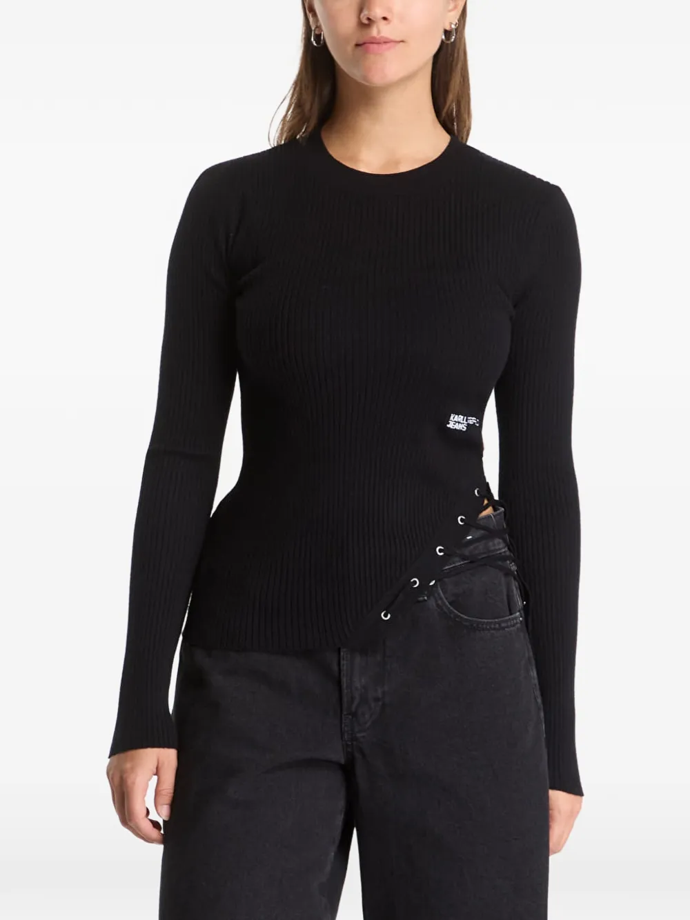 Karl Lagerfeld Jeans lace-up ribbed sweater Zwart