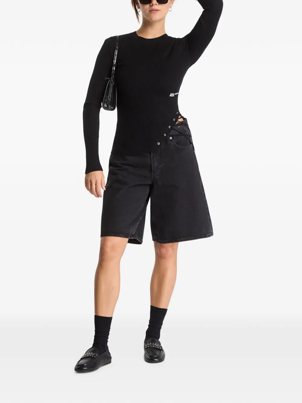 Karl Lagerfeld Jeans lace-up ribbed sweater Zwart