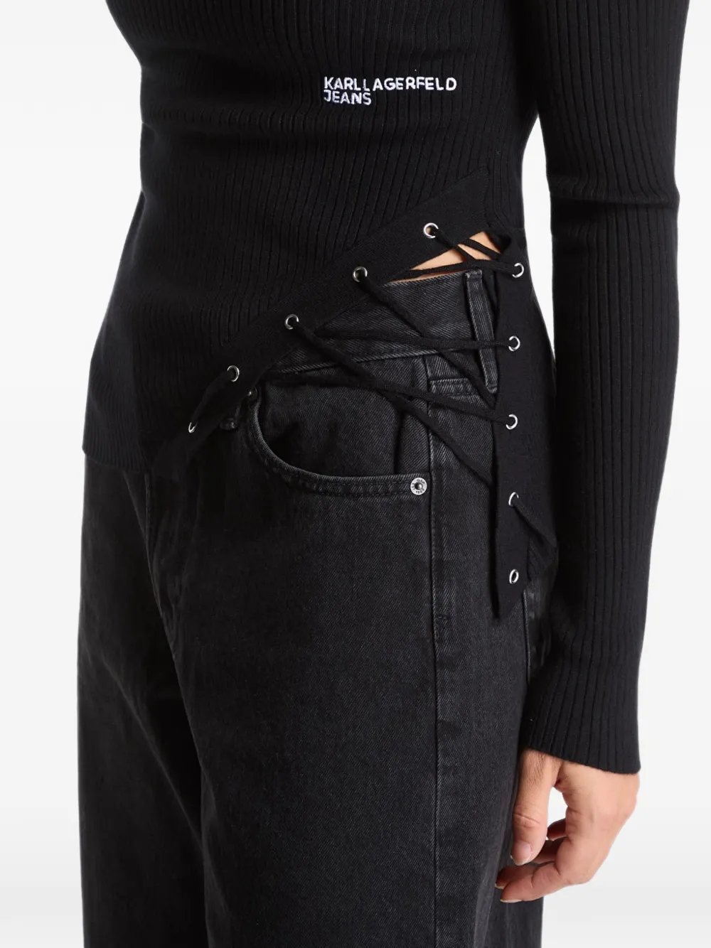 Karl Lagerfeld Jeans lace-up ribbed sweater Zwart