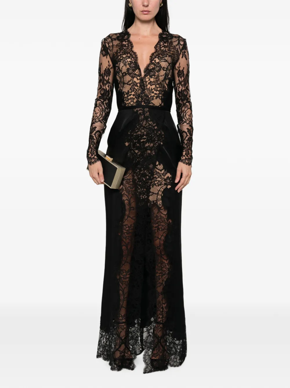 Elie Saab Maxi-jurk met kanten vlakken Zwart