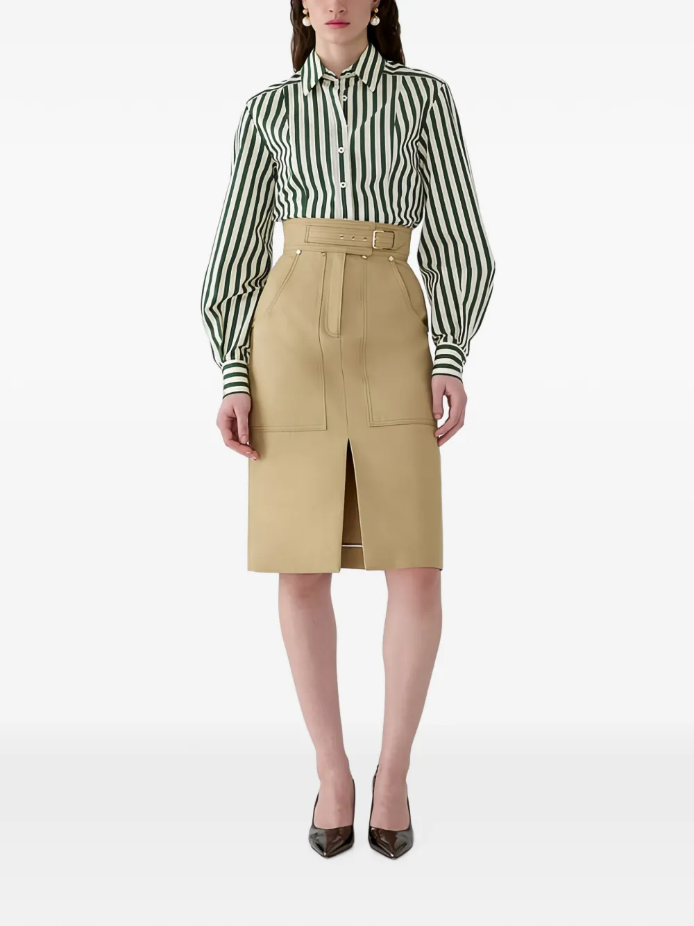 Carolina Herrera High-waist midi-rok met ceintuur en split aan de voorkant Beige