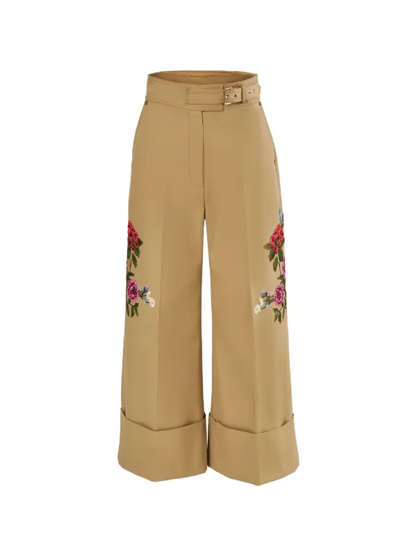 Carolina Herrera Floral-embroidered Belted Trousers in Neutrals